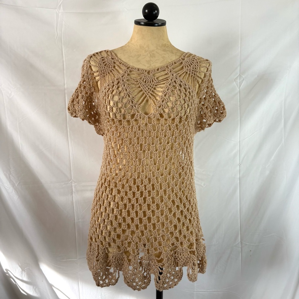 Vintage tan crochet mini dress handmade fairy boho indie small medium